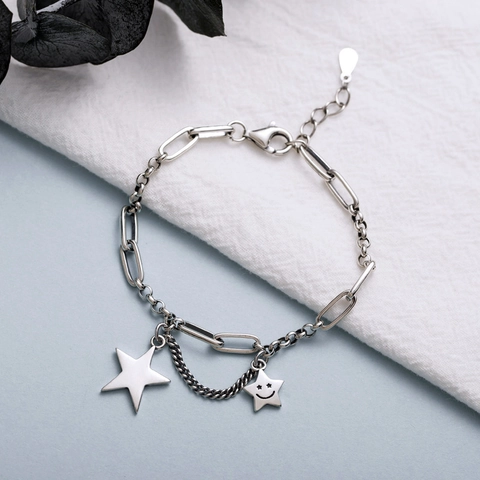 Bracelet Chaîne À Maillons Avec Pendentif Étoile Vintage Pour Femmes Breloques Double Étoile Avec Étoile Souriante Creuse