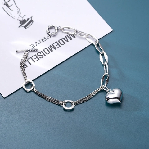 Pulsera De Cadena Asimétrica Con Colgante De Corazón 3D Cobre Plateado Cierre De Toga Joyería Minimalista Para Mujer