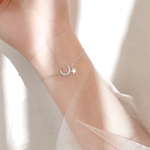 Stern Und Mond Armband Für Damen Zierlich Zirkonia Pave Kupfer Versilbert Minimalistischer Schmuck