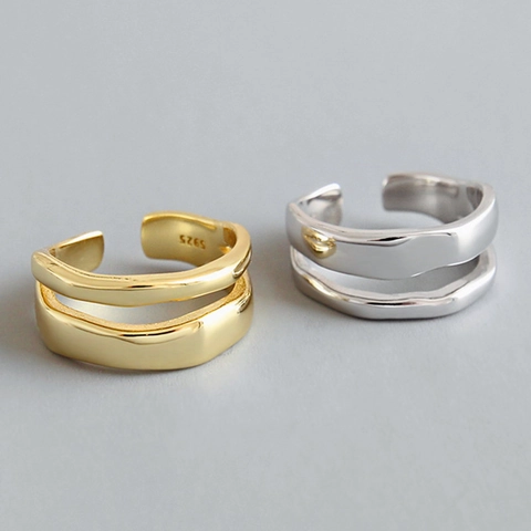 Irregular Wave Double Layer Open Ring S925 Silver Plated Copper Minimalist Adjustable Finger Jewelry For Women