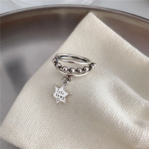 Anello Multistrato Con Pendente A Stella In Argento Sterling 925 Aperto Regolabile Perline Inciso Safe In My Heart Da Donna