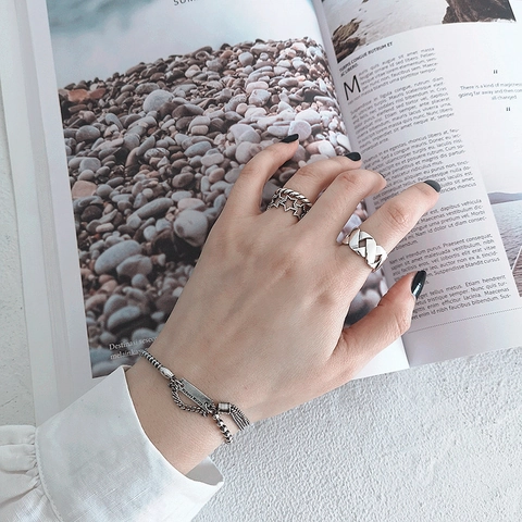 Woven Texture Open Ring Copper Silver Plated Geometric Adjustable Minimalist Korean Style Finger Jewelry For Women