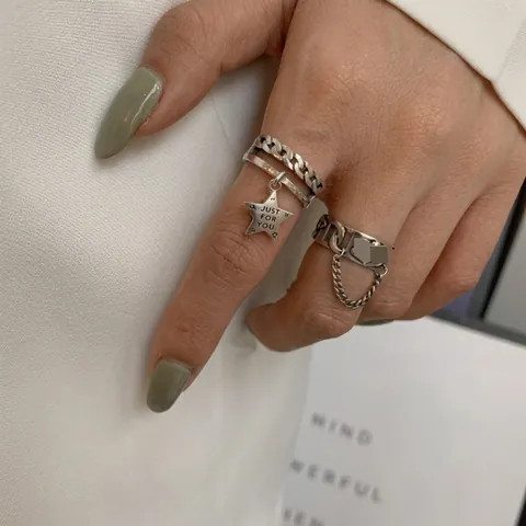 Anillo Abierto Ajustable Color Plata Vintage Cobre Saturno Estrella Pentagrama Cadena Estilo Punk Joyería Para Mujer