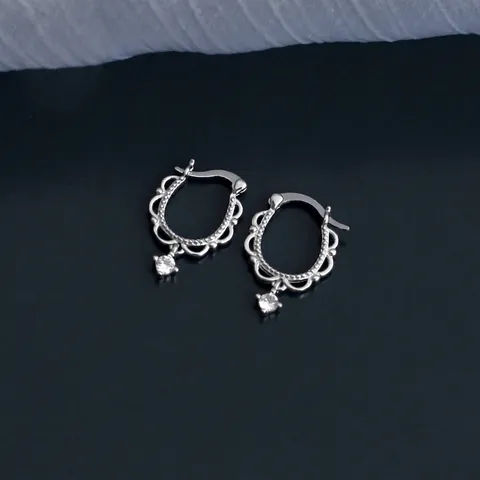 Französische Vintage Hohlspitze Creolen Mit Rundem Zirkon Anhänger Und 925 Sterling Silber Ohrstecker Kupfer