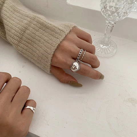 Vintage Silver Plated Copper Ring Heart Chain Geometric Design Adjustable Open Finger Jewelry For Women