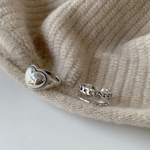 Vintage Silver Plated Copper Ring Heart Chain Geometric Design Adjustable Open Finger Jewelry For Women