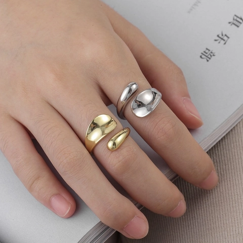 Anillo Abierto Ajustable Minimalista Forma Orgánica Metal Líquido Irregular Cobre Pulido Para Mujer Joyería Elegante