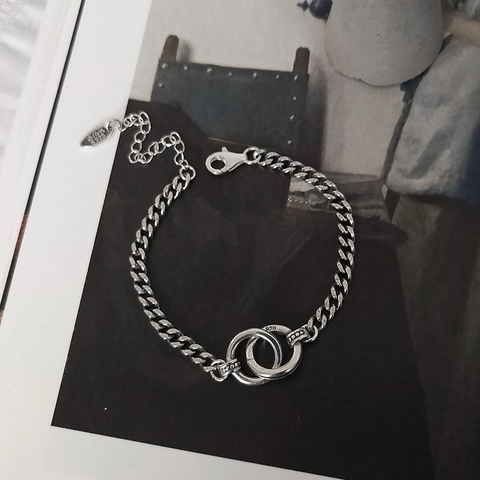 Retro Damen Armband Mit Ineinandergreifenden Doppelringen Vintage Panzerkette Silberfarbener Kupferschmuck
