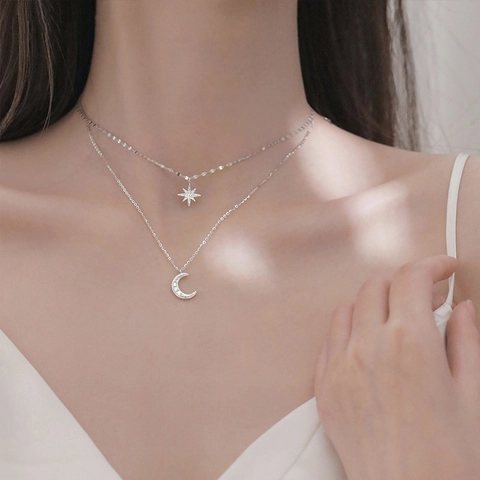 Collana Doppio Strato Stella Luna Rame Placcato Argento Intarsiato Zircone Stella Crescente Ciondolo Per Donne Elegante Dolce