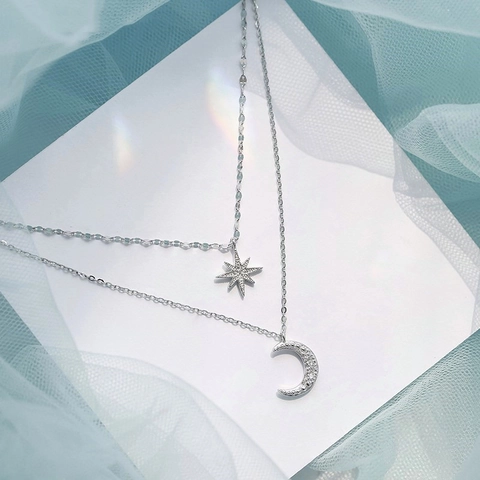 Collana Doppio Strato Stella Luna Rame Placcato Argento Intarsiato Zircone Stella Crescente Ciondolo Per Donne Elegante Dolce