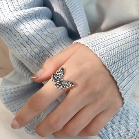 Vintage Schmetterling Verstellbarer Offener Ring Retro Versilbertes Kupfer Flügel Textur Eleganter Schmuck Für Damen