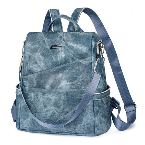 Women Fashion PU Leather Backpack Washed Denim Texture Large Capacity Multi-pocket Design Daily Travel School Bag Casual