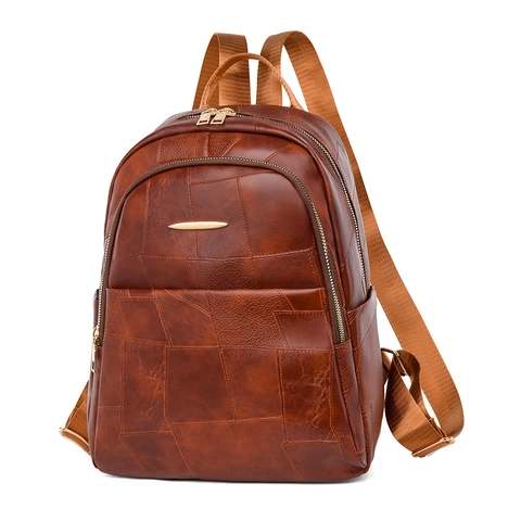 Sac à Dos Cuir PU Vintage Patchwork Grande Capacité Imperméable Mode Sac de Voyage Scolaire Femmes Hommes Style Japonais
