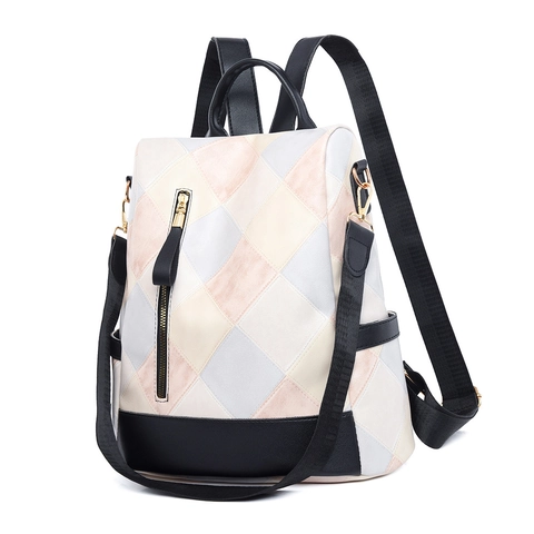 Zaino Moda Donna Pelle PU Antifurto Impermeabile Grande Capacità Patchwork Reticolo A Diamante Vintage Viaggio