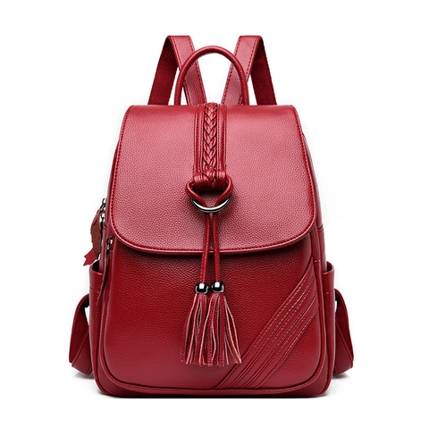 Damen Mode PU Leder Rucksack Quaste Anhänger Große Kapazität Lychee Muster Reise Schule Rucksack Casual Umhängetasche