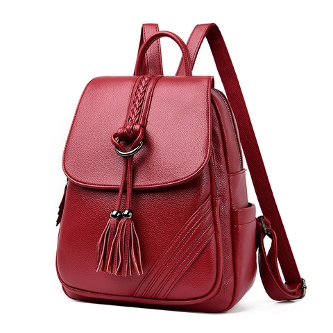 Damen Mode PU Leder Rucksack Quaste Anhänger Große Kapazität Lychee Muster Reise Schule Rucksack Casual Umhängetasche