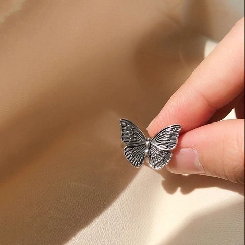 Vintage Schmetterling Verstellbarer Offener Ring Retro Versilbertes Kupfer Flügel Textur Eleganter Schmuck Für Damen