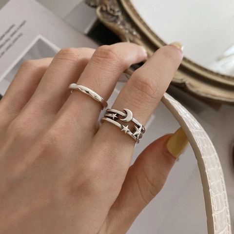 Stern Mond Dreischichtiger Ring Und Unregelmäßige Welle Offen Verstellbare Verkupferte Ringe Für Damen Vintage Stil