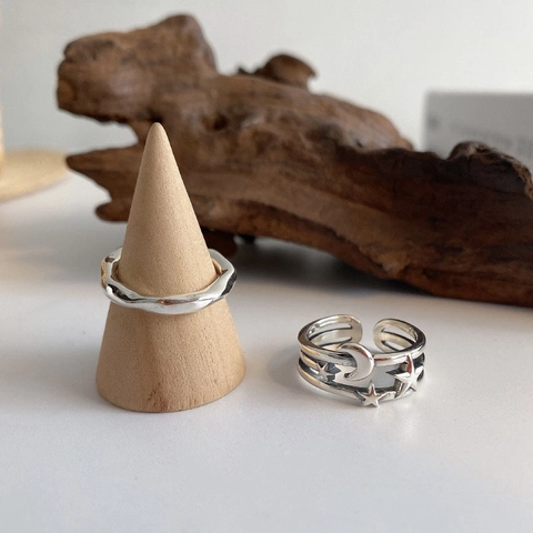 Stern Mond Dreischichtiger Ring Und Unregelmäßige Welle Offen Verstellbare Verkupferte Ringe Für Damen Vintage Stil
