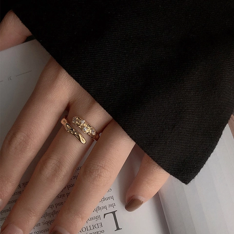 Irregular Hammered Texture Open Ring Adjustable Plated Brass With Zircon Minimalist Elegant Fashion For Women