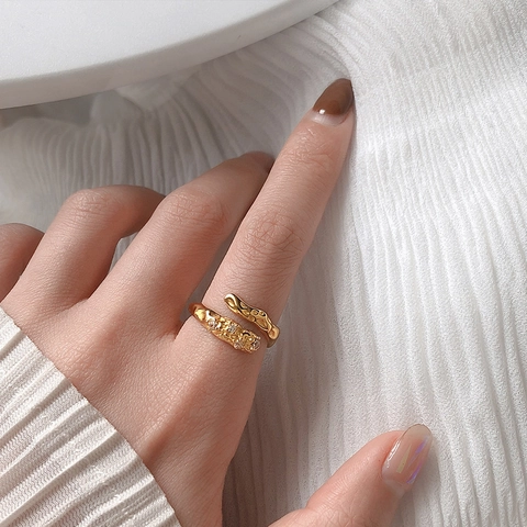Irregular Hammered Texture Open Ring Adjustable Plated Brass With Zircon Minimalist Elegant Fashion For Women