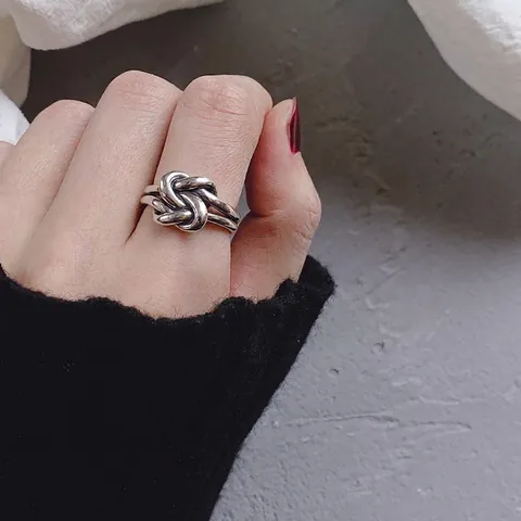 Anello Aperto Con Nodo Vintage Rame Placcato Argento Regolabile Fascia A Doppio Strato Gioielli Minimalisti Da Donna