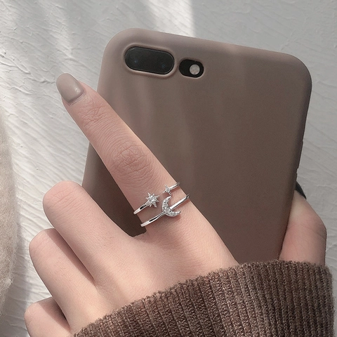Anello Regolabile Stella E Luna Rame Zircone Doppio Strato Aperto Gioielli Dito Moda Minimalista Per Donne