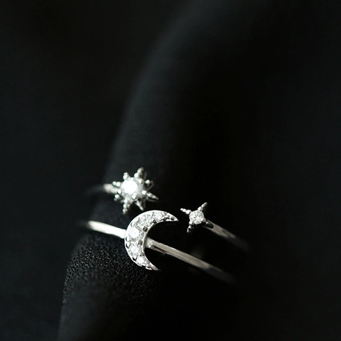 Anello Regolabile Stella E Luna Rame Zircone Doppio Strato Aperto Gioielli Dito Moda Minimalista Per Donne