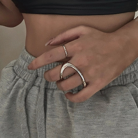Unregelmäßige Geometrische Doppelfingerringe Für Damen Versilbertes Kupfer Minimalistischer Ins Stil Verstellbarer Ring