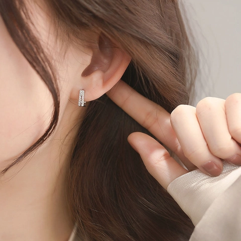 Square Geometric Huggie Earrings Double Row Zircon Copper Jewelry With 925 Sterling Silver Earring Post Elegant Minimalist