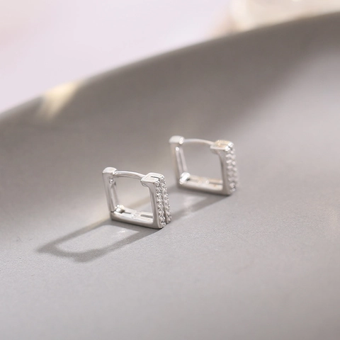 Square Geometric Huggie Earrings Double Row Zircon Copper Jewelry With 925 Sterling Silver Earring Post Elegant Minimalist