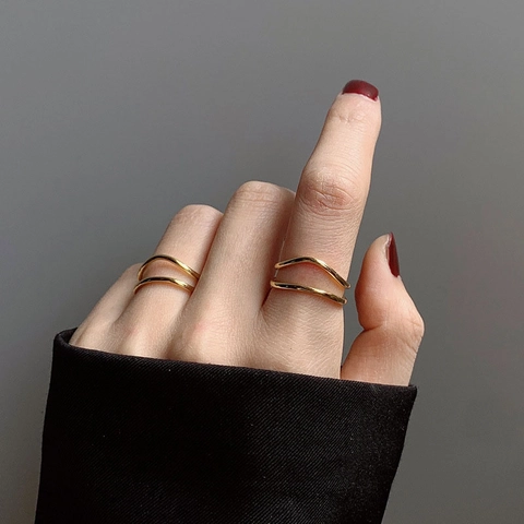Double Layer Curved Line Wavy Ring Gold Plated Copper Minimalist Adjustable Opening Jewelry For Women