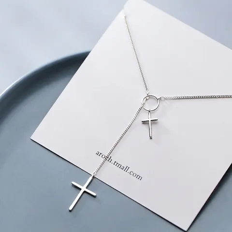 Doppelte Kreuzanhänger Y-Förmige Lariat Halskette Für Frauen Versilbertes Kupfer Minimalistischer Religiöser Schmuck