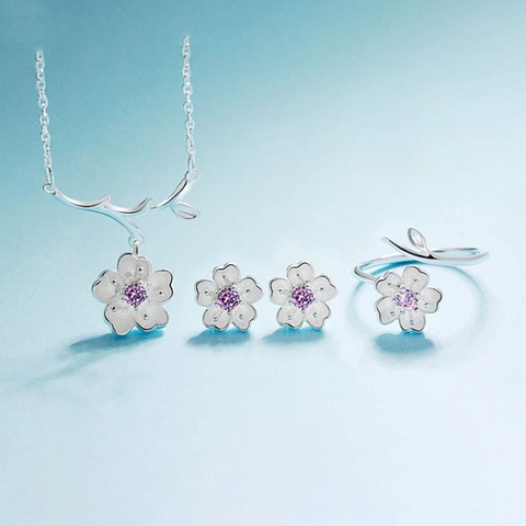 Cherry Blossom Jewelry Necklace Earrings Ring Bracelet Pink Purple Cubic Zirconia Copper Elegant Romantic Women Gift