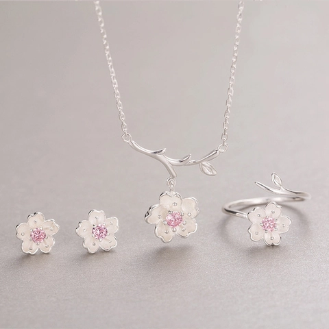 Cherry Blossom Jewelry Necklace Earrings Ring Bracelet Pink Purple Cubic Zirconia Copper Elegant Romantic Women Gift
