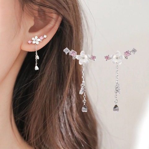 Elegant Shell Flower Tassel Earrings With 925 Sterling Silver Earring Post Copper Pink Zircon Heart Pendant Korean Style