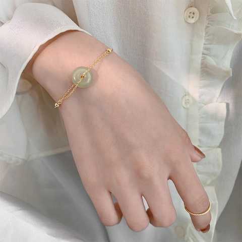Vintage Rundes Hetian Jade Pingan Schnalle Armband 18K Vergoldet Messing Verstellbarer Doppelschicht Schmuck Damen