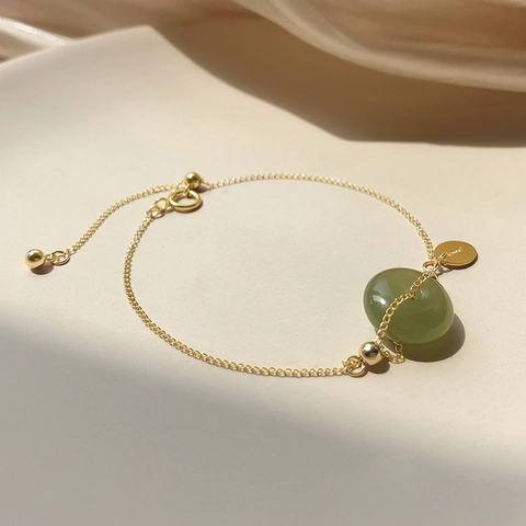 Vintage Rundes Hetian Jade Pingan Schnalle Armband 18K Vergoldet Messing Verstellbarer Doppelschicht Schmuck Damen