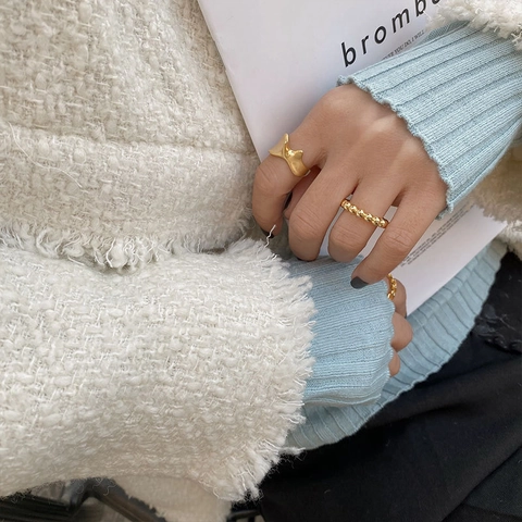 Minimalist Adjustable Open Rings For Women Silver Plated Copper Irregular Geometric Bead Chain Link Vintage Style