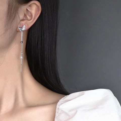 Hohl Schmetterling Quaste Lange Durchzieher Ohrringe Mit Imitation Künstliche Perle Kupfer Material Silber Ohrstecker Schmuck