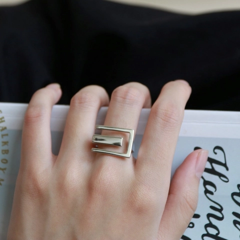 Minimalist Geometric Rectangular Hollow Ring Plated Copper Adjustable Opening Fashion Jewelry For Women