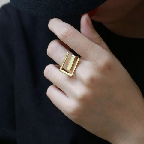 Minimalist Geometric Rectangular Hollow Ring Plated Copper Adjustable Opening Fashion Jewelry For Women