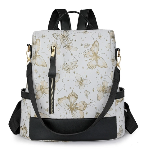 Mochila De Moda Para Mujer Cuero PU Impresión De Mariposas Constelación Bolso Escolar Gran Capacidad Viaje Color Contraste Elegante