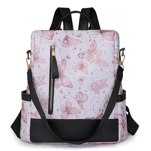 Mochila De Moda Para Mujer Cuero PU Impresión De Mariposas Constelación Bolso Escolar Gran Capacidad Viaje Color Contraste Elegante