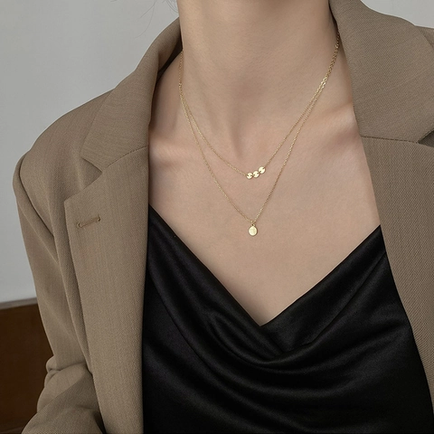 Collana A Strati Con Ciondolo A Moneta Rotonda Inciso Good Luck Rame Catena Minimalista Per Clavicola Da Donna