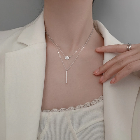 Layered Necklace Copper Cubic Zirconia Round Disc Vertical Bar Minimalist Jewelry For Women