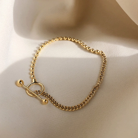 Bracelet Chaîne Épissée Minimaliste Cuivre Avec Fermoir Cabillot Perles Rondes Rétro Géométrique Pour Femmes