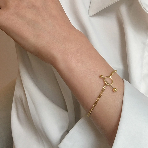 Bracelet Chaîne Épissée Minimaliste Cuivre Avec Fermoir Cabillot Perles Rondes Rétro Géométrique Pour Femmes