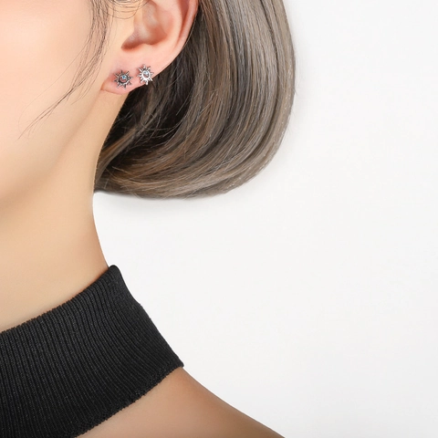 Sun Flower Stud Earrings Copper Blue Zircon With 925 Sterling Silver Earring Post Elegant Korean Style Women Accessory