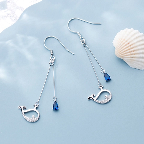 Whale Dangle Earrings Blue Water Drop Rhinestone Ocean Animal Style For Women Long Fringe With 925 Sterling Silver Earring Post